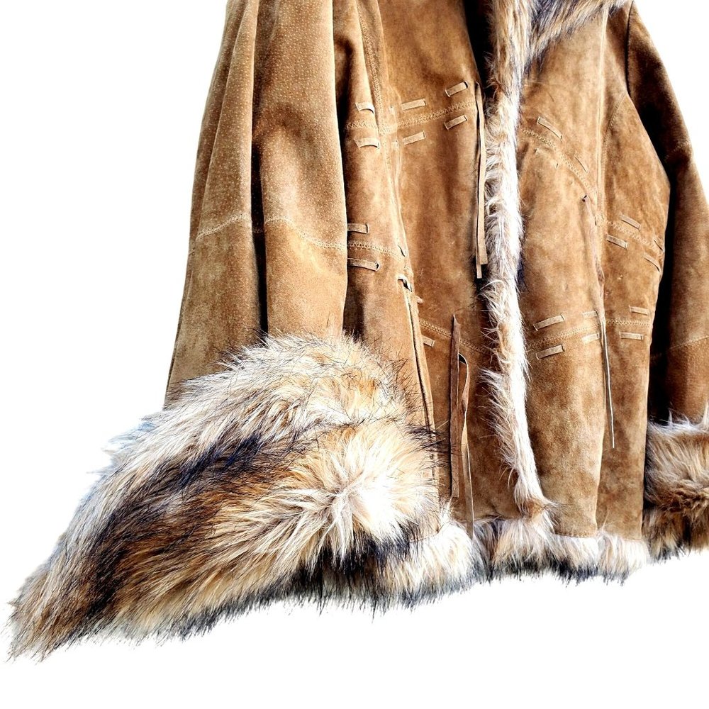 Vintage Y2K 90s Suede Coat L XL Penny Lane XOXO Faux Fur Collar - Picture 8 of 12